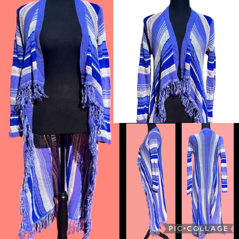 Say What Long Blue Stripe Open Front Waterfall Hi Low Fringe Hem Cardigan Small
